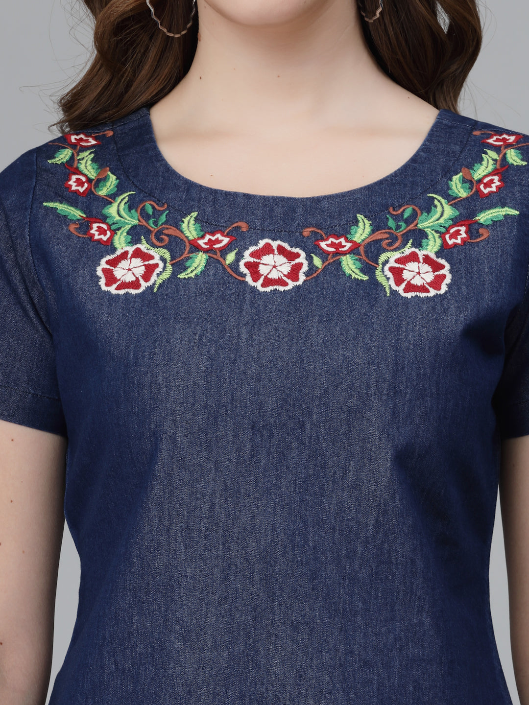 A line Denim Dress with Embroidery