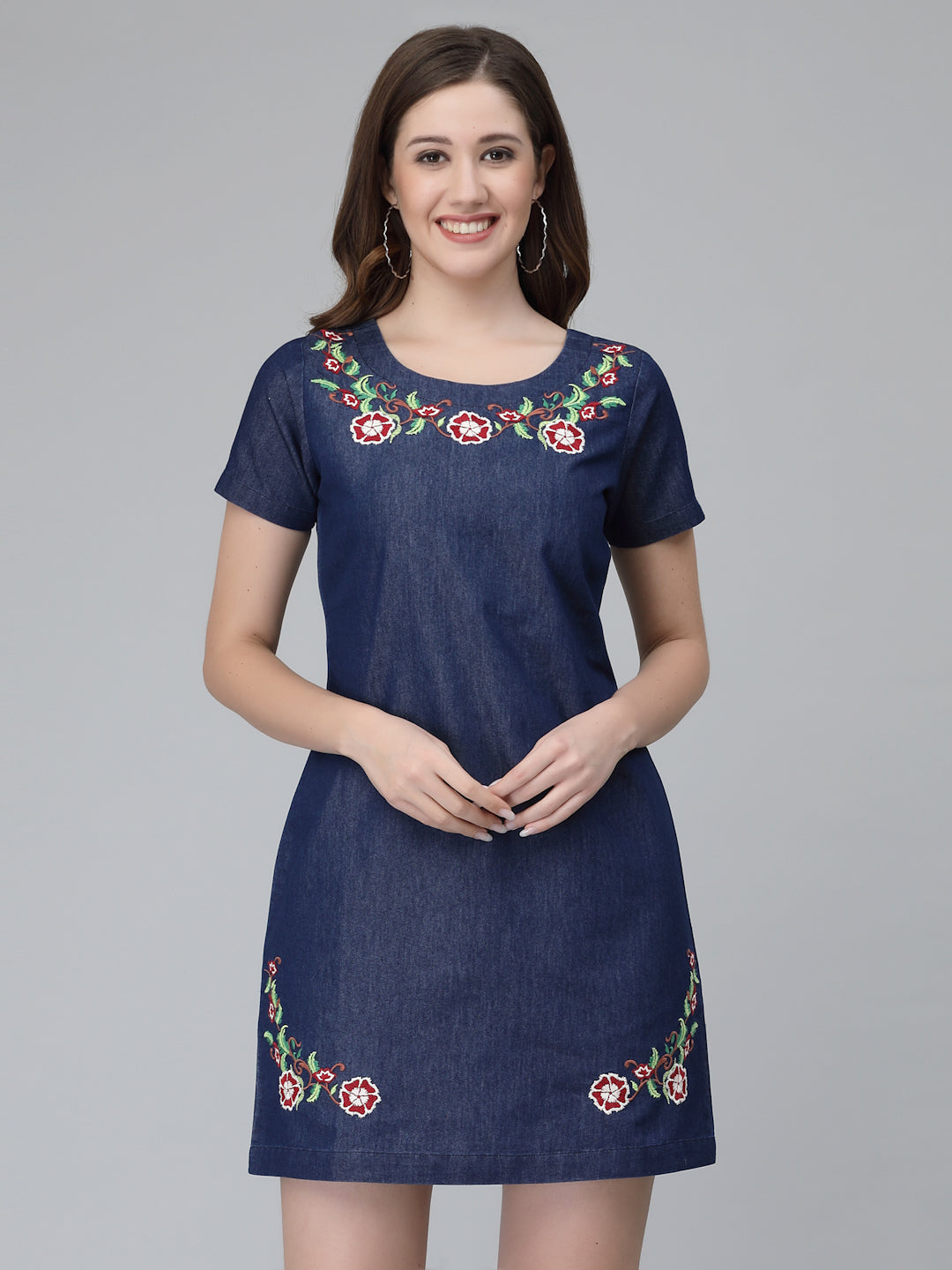 A line Denim Dress with Embroidery