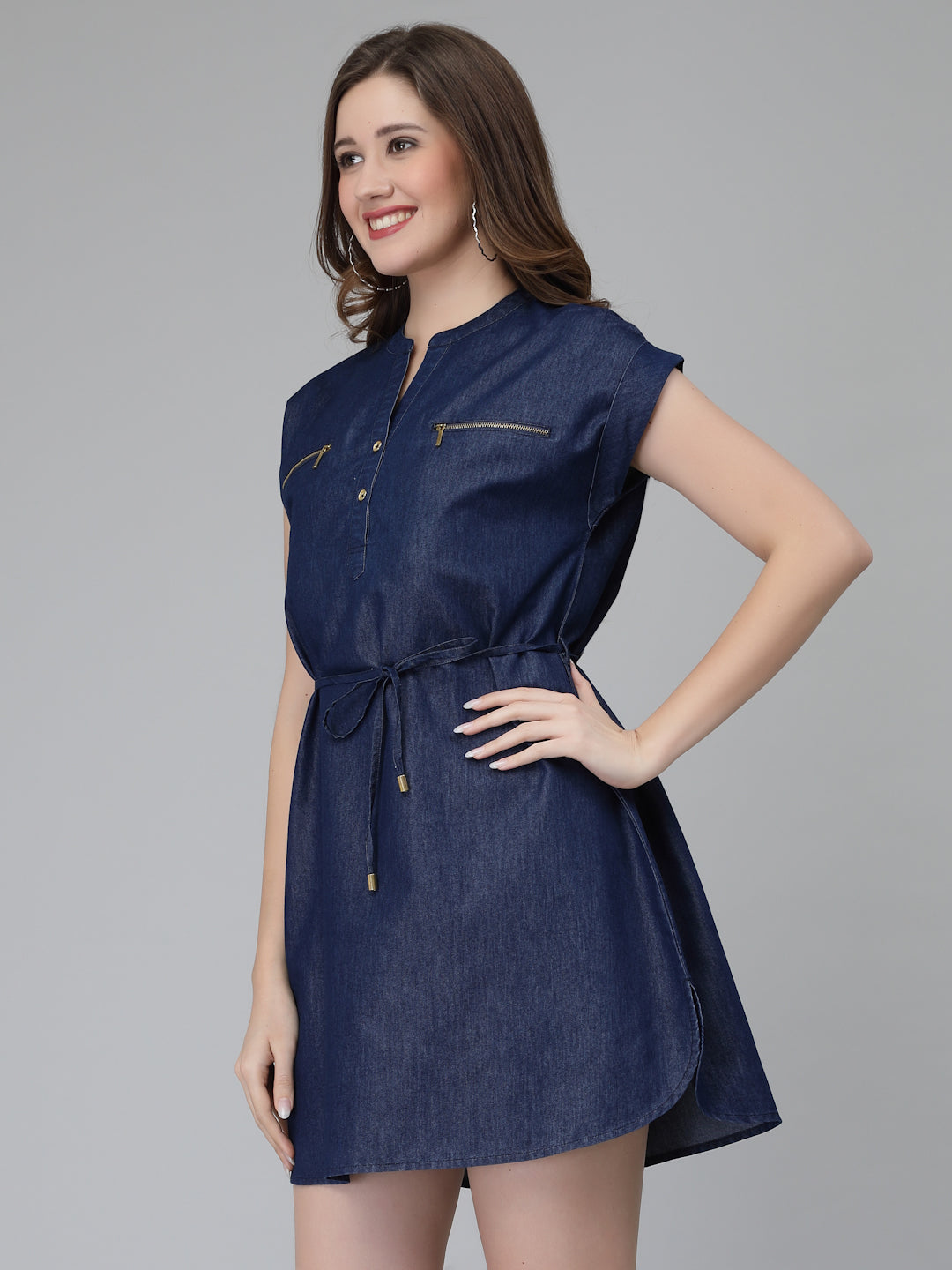 A line Denim Dress with Belt
