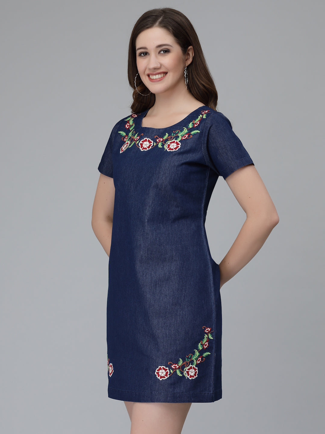 A line Denim Dress with Embroidery