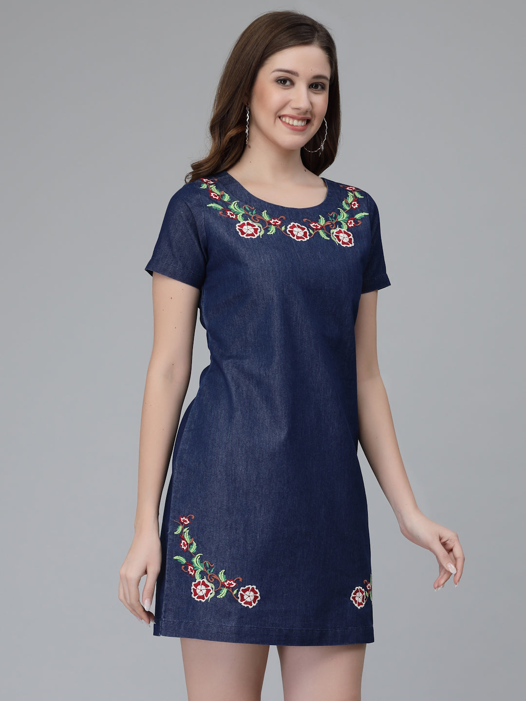 A line Denim Dress with Embroidery