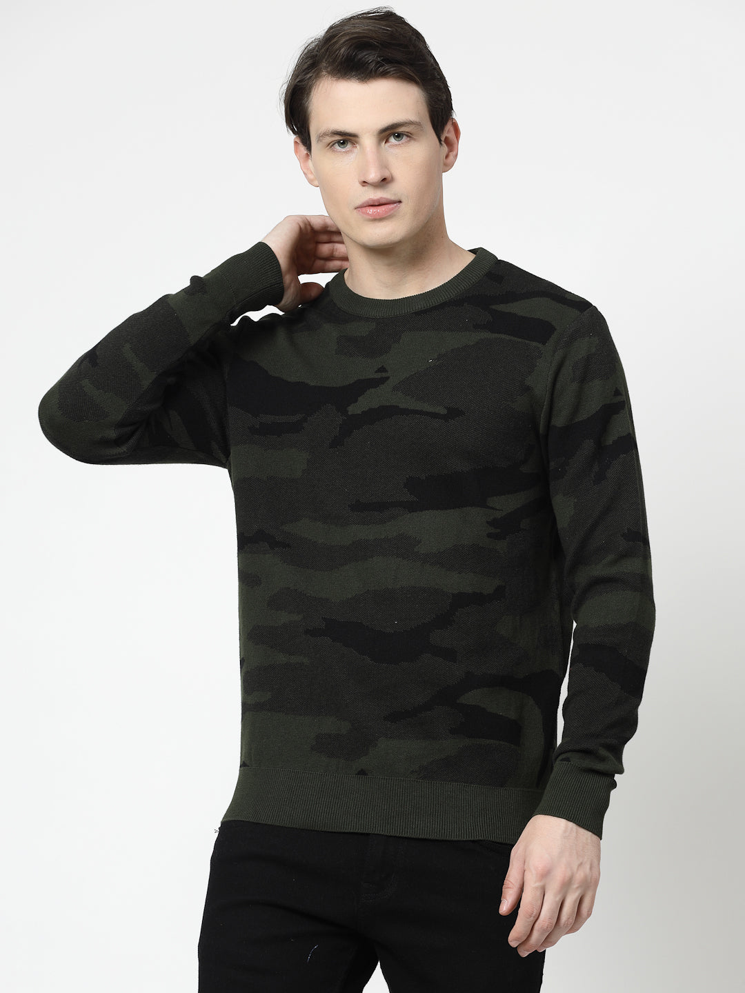 Camouflage Knit Round Neck Pullover