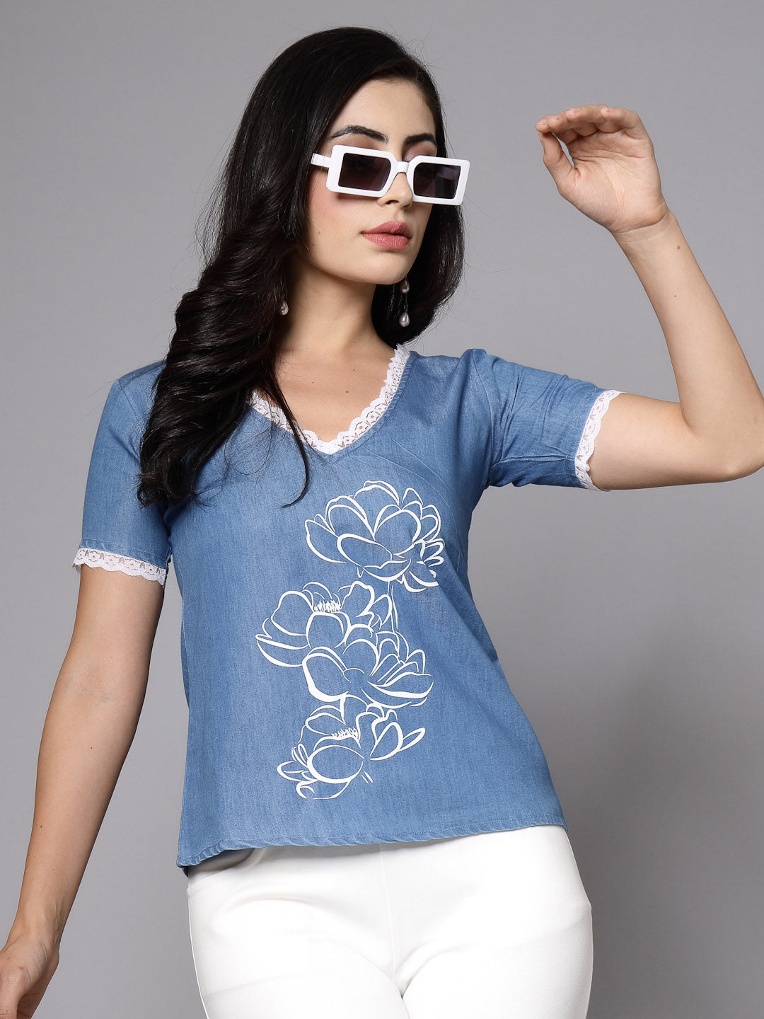 Printed Denim Top with Lace