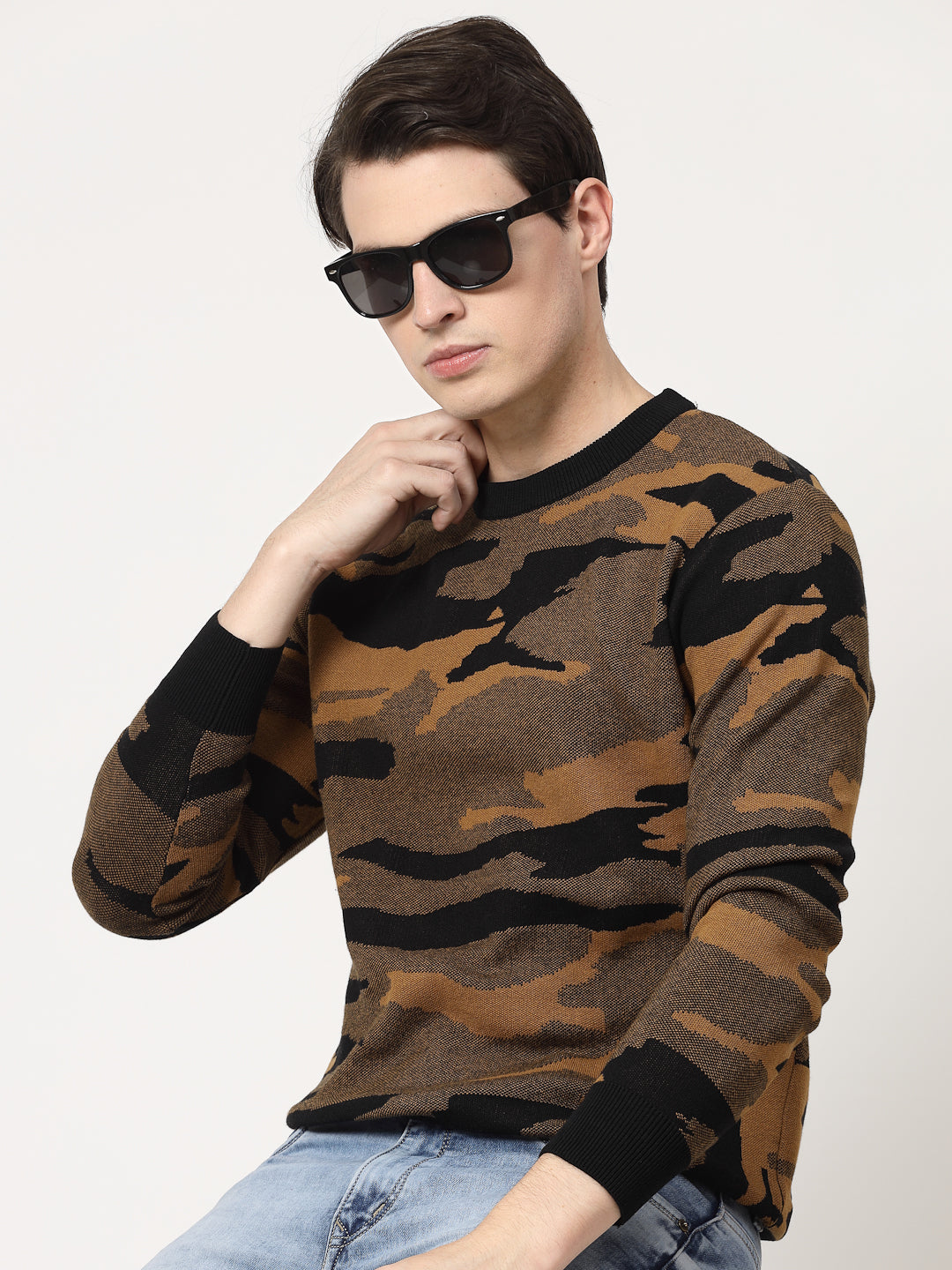 Camouflage Knit Round Neck Pullover