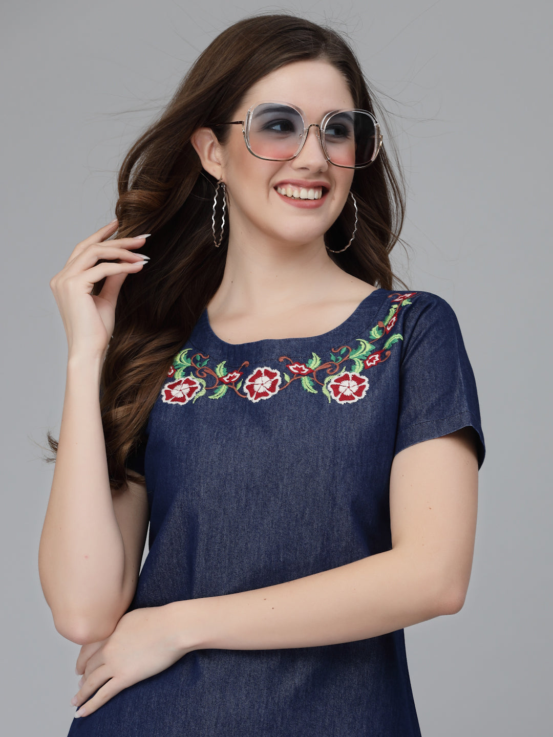 A line Denim Dress with Embroidery