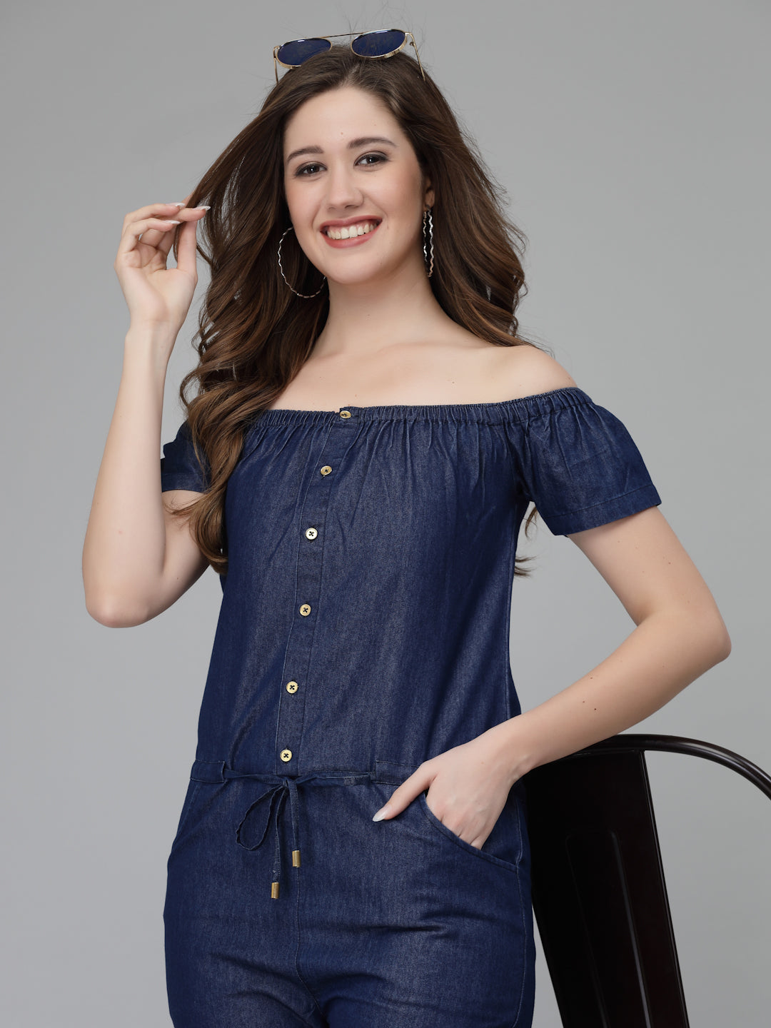 Off Shoulder Denim Jumpsuit